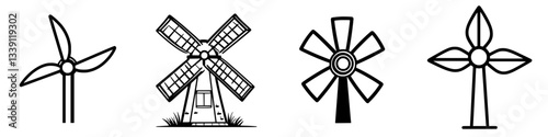 Different designs of windmills and turbines showcasing renewable energy solutions and eco-friendly technology