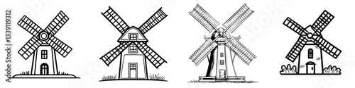 Collection of four distinctive windmill designs showcasing traditional architecture and functionality