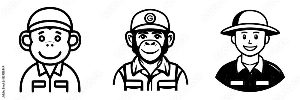 Three cartoon characters representing playful monkey mascots in simple attire and cheerful expressions suitable for children's activities or branding Three cartoon characters representing playful monkey mascots in simple attire and cheerful expressions suitable for children's activities or branding