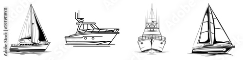 Various types of boats illustrated against a white background showcasing diverse aquatic designs and styles