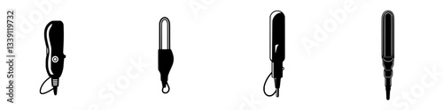 Various designs of old-fashioned electrical appliances showcased on a clean, white background