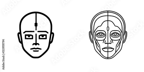 Facial design features of a robotic head and a human-like face in a minimalistic style on a white background