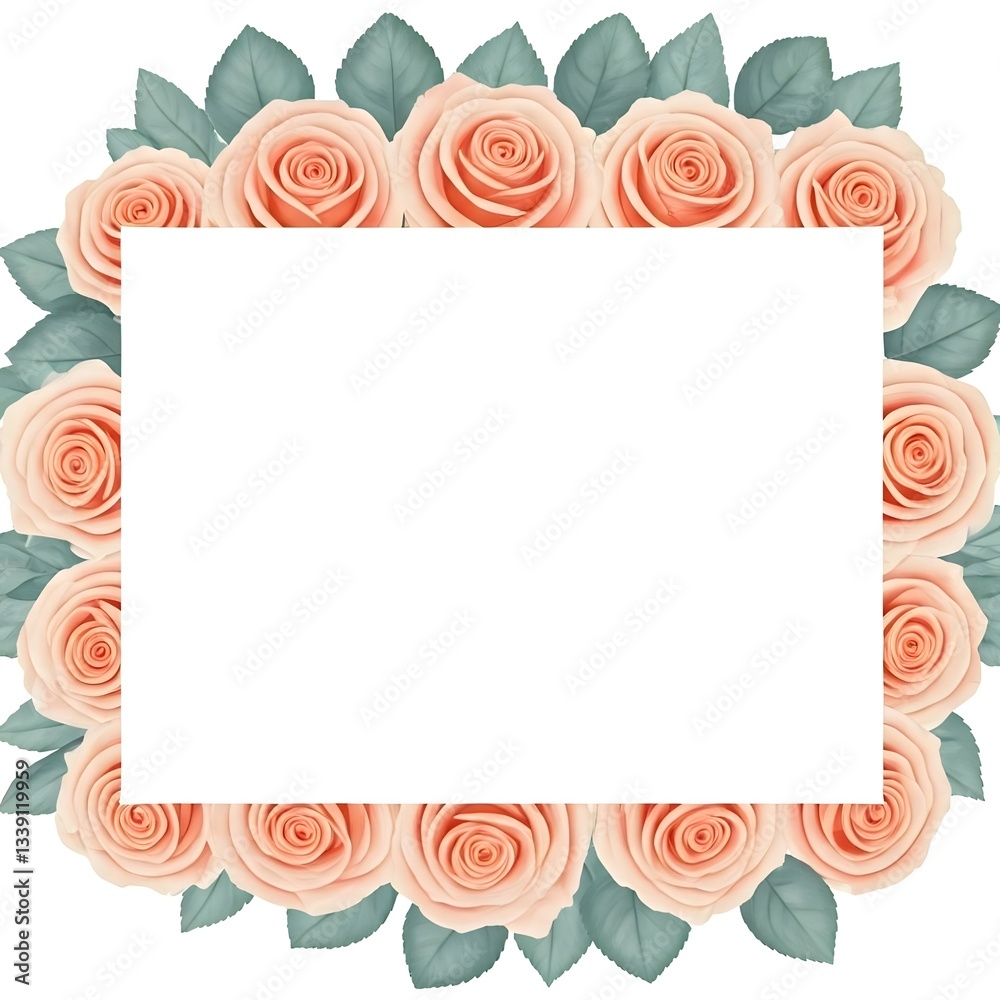 Obraz premium Elegant floral border with pastel roses and soft greenery on a white background, AI Generated