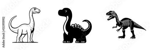 Three stylized dinosaur illustrations featuring a long-necked herbivore, a playful creature, and a fierce carnivore in black and white design