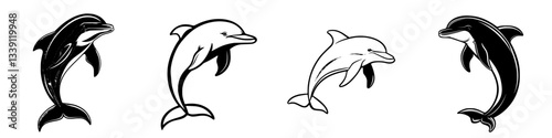 Four stylized dolphins showcasing different poses in a monochromatic design