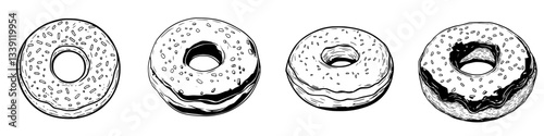 Variety of donuts displayed on a white background highlighting different flavors and textures