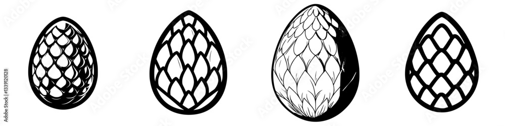 Detailed illustrations of various pine cones showcasing unique patterns and textures in a minimalist style Detailed illustrations of various pine cones showcasing unique patterns and textures in a minimalist style