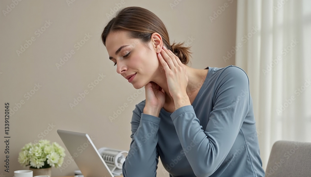 Young woman stretching neck for recovery in a cozy home office Young woman stretching neck for recovery in a cozy home office