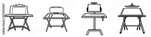Various styles of drafting tables designed for artists and architects in creative workspaces