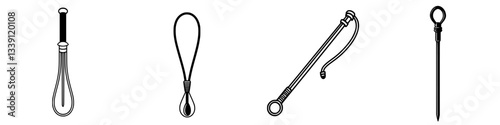 Various kitchen tools including a whisk, lasso, skewer, and basting brush displayed in black and white style