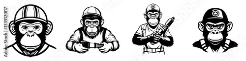 Monkeys dressed in various outfits engaged in playful activities in a casual setting outdoors