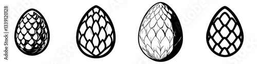 Detailed illustrations of various pine cones showcasing unique patterns and textures in a minimalist style