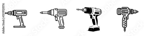 Different types of drills displayed for comparison in a workshop setting