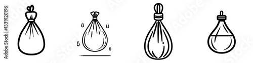 Various designs of bag shapes representing water or liquid containment in a minimalistic style