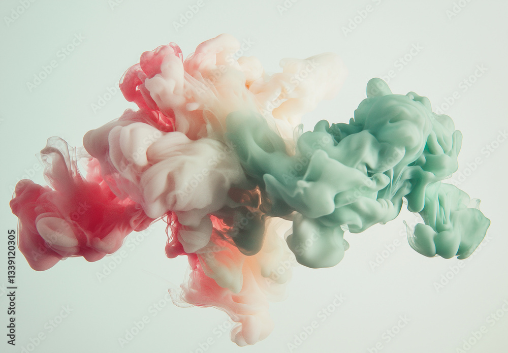 Fototapeta premium Green Ink Swirling in Water – Abstract Art with Gradient Colors, Dark Green and Light Pink Tones, Minimalist Floating Cloud Effect, Hyper-Realistic High-Resolution Photography