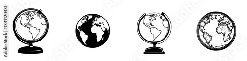 Different designs of globes representing Earth in various artistic styles and orientations