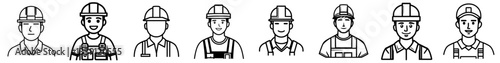 Different construction workers showcasing various helmets, expressions, and attire in a lineup for safety awareness and representation
