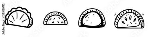 Different styles of empanadas shown in a minimalist illustration representing traditional cuisine across various regions