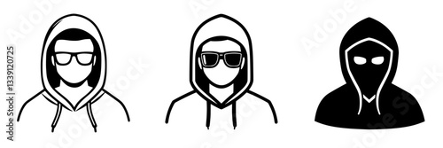 Three distinct figures wearing hoodies and sunglasses convey a sense of mystery and anonymity in urban settings