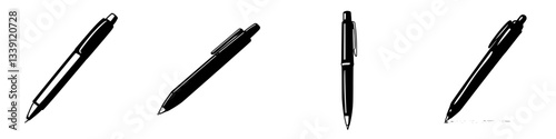 Different angles showcasing a black ballpoint pen on a white background with reflective elements highlighting its design features