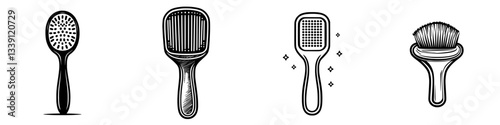 Various types of hair brushes displayed side by side illustrating different designs and purposes in a simple layout