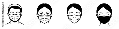 Masks worn by diverse individuals convey safety and health awareness during pandemic times in various settings