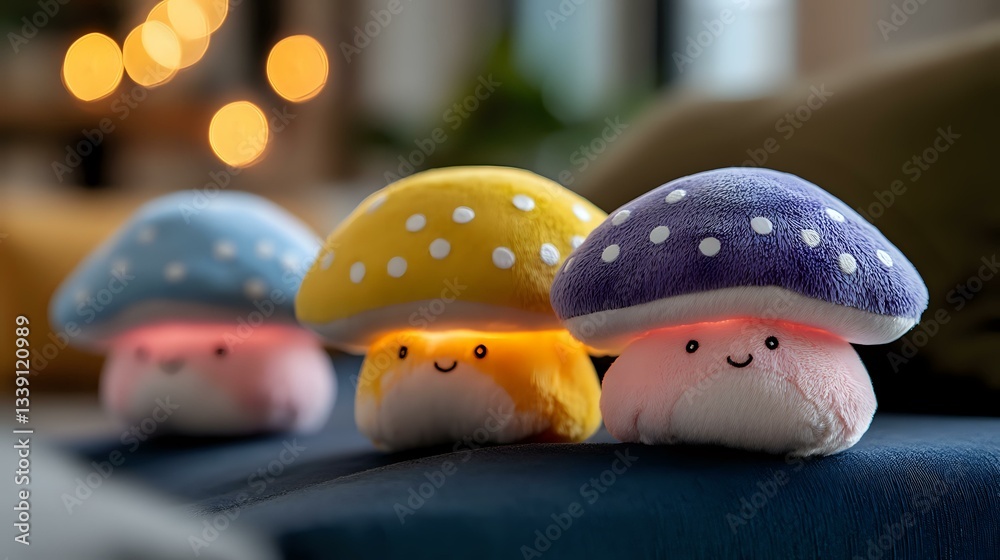 Naklejka premium Cute kawaii mushroom plush toys with polka dot caps and smiling faces lined up on dark surface against warm bokeh lights background. Soft pastel colors.