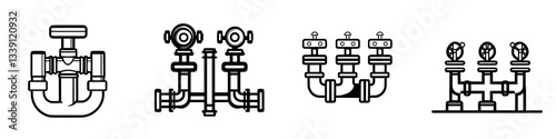 Variety of simple line drawings depicting different types of pipes and valves commonly used in plumbing systems