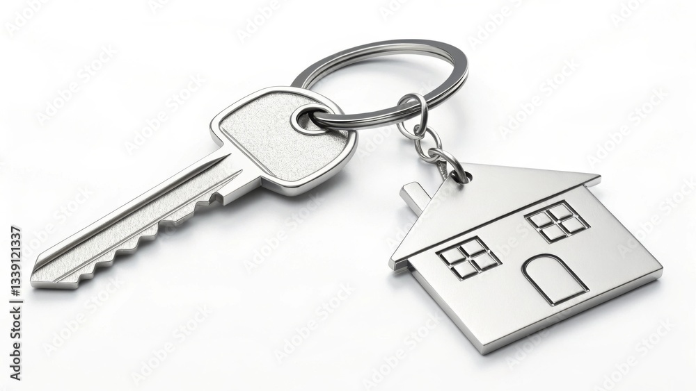 Shiny silver house key with house-shaped keychain on a white background, symbolizing homeownership, real estate, and property concepts in a minimalist style Shiny silver house key with house-shaped keychain on a white background, symbolizing homeownership, real estate, and property concepts in a minimalist style