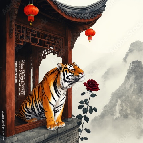 Wallpaper Mural a tiger observing the rose in the oriental pavilion, symbolizing strength and serenity Torontodigital.ca