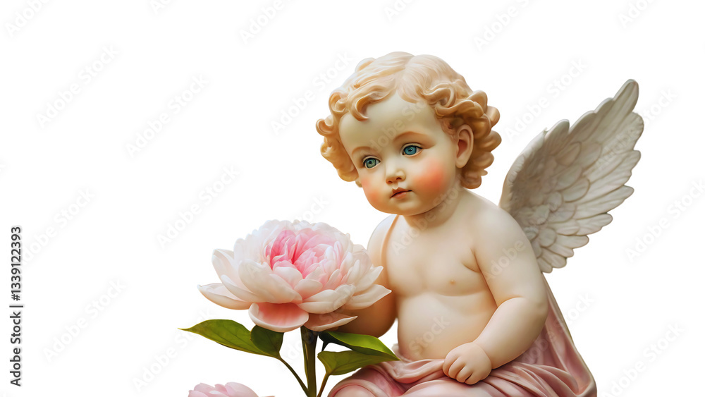 Fototapeta premium Cherubic Angel Figurine with Pink Flower, Isolated on Black Background, Religious Art