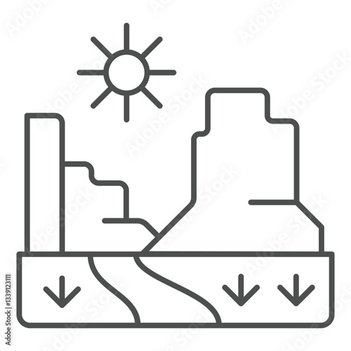 Grand canyon with sun thin line icon, west desert concept. Vector graphics. American valley landscape sign on white background, outline style icon for mobile or web design.