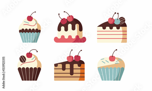 Modern vector-style dessert featuring cupcakes and slices of cake, easily editable.