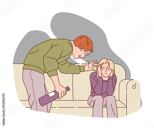 A distressed woman sits on a couch covering her ears while an angry man, holding a bottle, yells at her. The scene portrays domestic conflict. Flat vector illustration