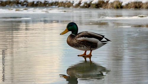 A duck standing on the water's edge. photo