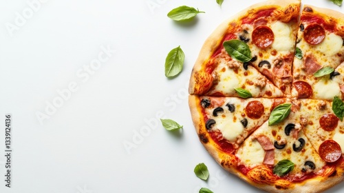 Top view of pizza with mozzarella and pepperoni on white background. Template concept with copy space for banner ad design, poster, card or restaurant menu