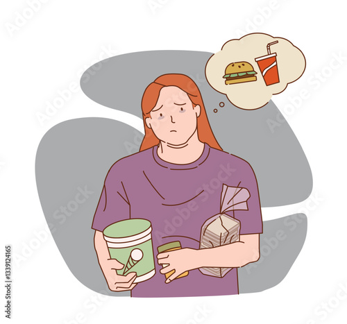 A sad woman holding groceries while thinking about fast food. She carries ice cream, bread, and snacks, but imagines a burger and soda. Simple background. Concept of food cravings. Vector illustration