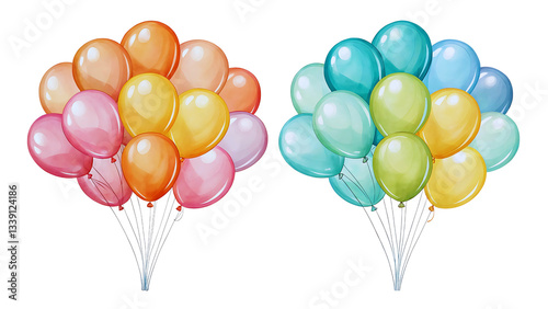 Colorful Balloon Bunches Happy Birthday Party Decorations, Festive Illustration