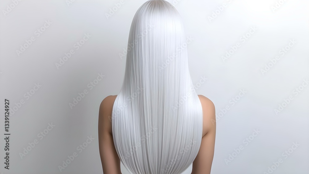 Naklejka premium A person with long, straight, white hair seen from the back, with a neutral background. Concept Long White Hair, Back View Portrait, Minimalist Background, Hair Texture Focus, Ethereal Aesthetic
