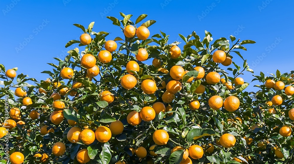 Vibrant Orange Trees with Ripe Citrus Fruits Under Clear Blue Sky in Sunny Orchard Landscape Vibrant Orange Trees with Ripe Citrus Fruits Under Clear Blue Sky in Sunny Orchard Landscape