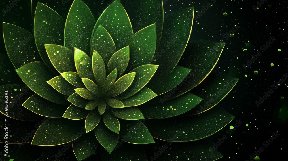 Obraz premium Abstract green floral pattern with luminous petals and cosmic speckles for creative design