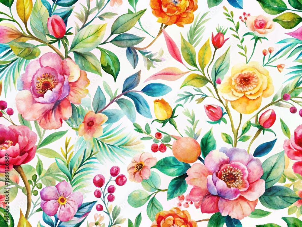 custom made wallpaper toronto digitalAerial View Hand-Painted Watercolor Floral Branch Pattern, Abstract Botanical Design, High-Resolution Stock Photo