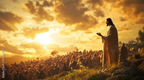 Wallpaper Mural A stunningly realistic image of Jesus Christ on the right hand of the image, standing on a hill, speaking to a large crowd, wearing a flowing robe, golden sunlight filtering through the sky Torontodigital.ca