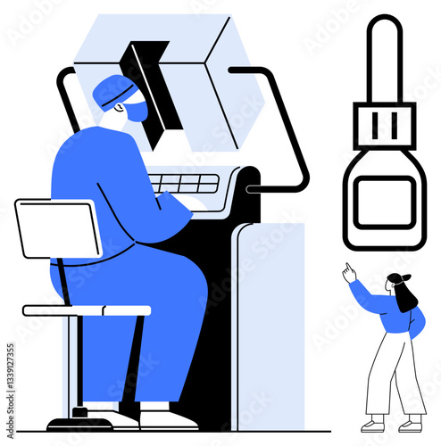 Healthcare worker using high-tech device with a bystander pointing toward tools. Ideal for science, research, diagnostics, innovation, healthcare, technology, education. Flat simple metaphor