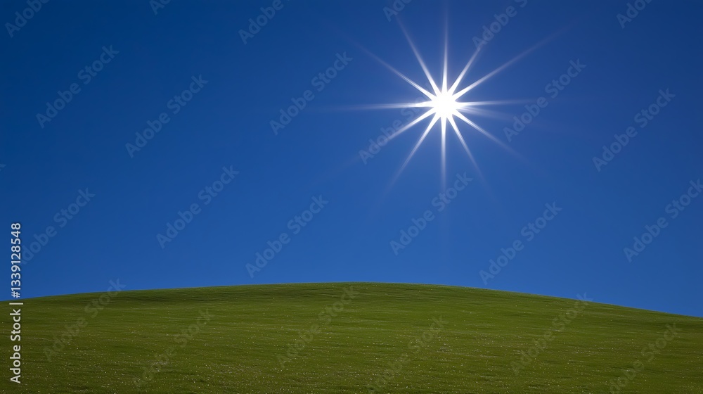 Bright Sun Star Over Rolling Green Hills Under Clear Blue Sky on a Sunny Day in Nature's Landscape Bright Sun Star Over Rolling Green Hills Under Clear Blue Sky on a Sunny Day in Nature's Landscape