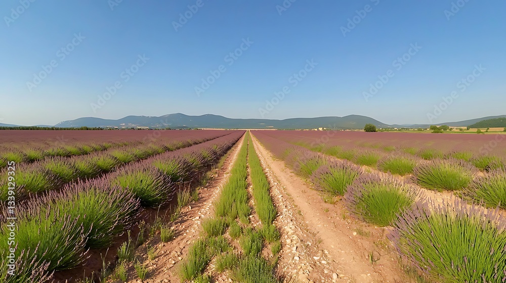 Vast Lavender Fields Under Clear Blue Sky with Mountains in the Distance and Dirt Pathway Vast Lavender Fields Under Clear Blue Sky with Mountains in the Distance and Dirt Pathway