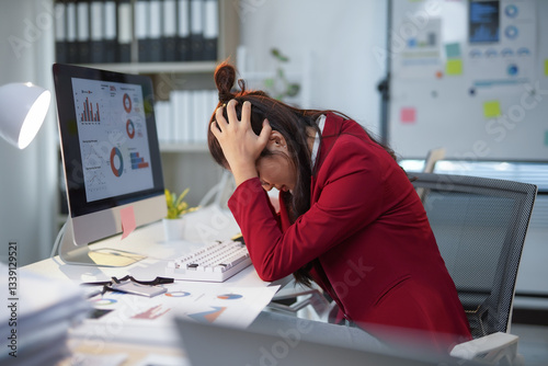 Foto Overworked businesswoman struggling with a severe headache and overwhelming stre