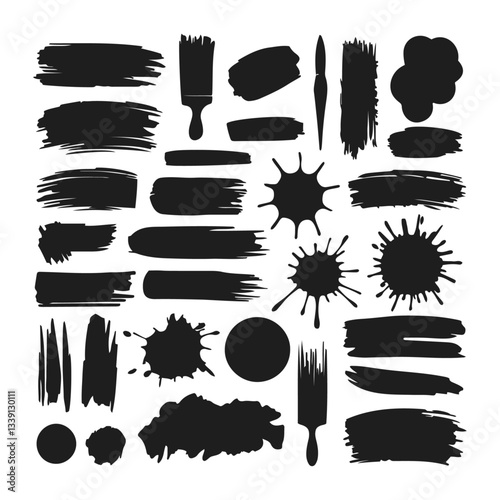 Collection of vector paint brush strokes, ink splatter, grunge lines, and artistic design elements set. Dirty overlay, watercolor splash, black silhouette, and torn paper set.