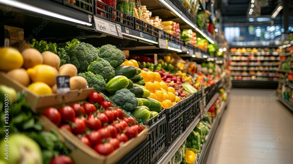 A wide view of a well-lit supermarket aisle featuring neatly arranged fresh fruits and vegetables, with an emphasis on the quality and vibrancy of the produce A wide view of a well-lit supermarket aisle featuring neatly arranged fresh fruits and vegetables, with an emphasis on the quality and vibrancy of the produce