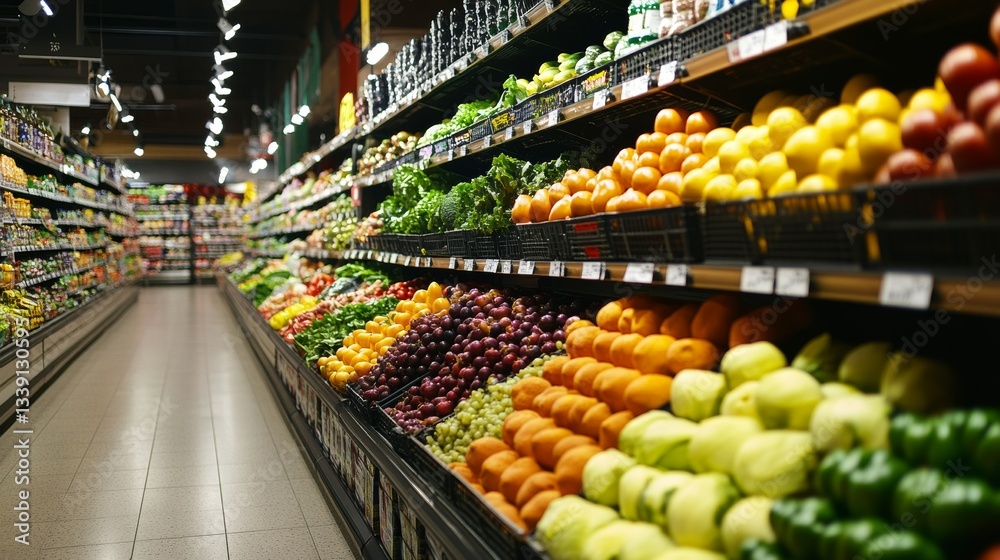 A wide view of a well-lit supermarket aisle featuring neatly arranged fresh fruits and vegetables, with an emphasis on the quality and vibrancy of the produce A wide view of a well-lit supermarket aisle featuring neatly arranged fresh fruits and vegetables, with an emphasis on the quality and vibrancy of the produce